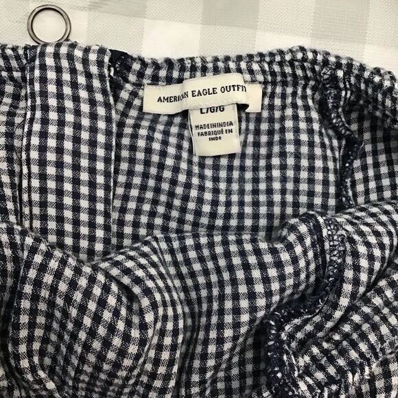 Aeo gingham dress blue off shoulders ruffle babydoll dress flutter sleeves - Picture 5 of 11